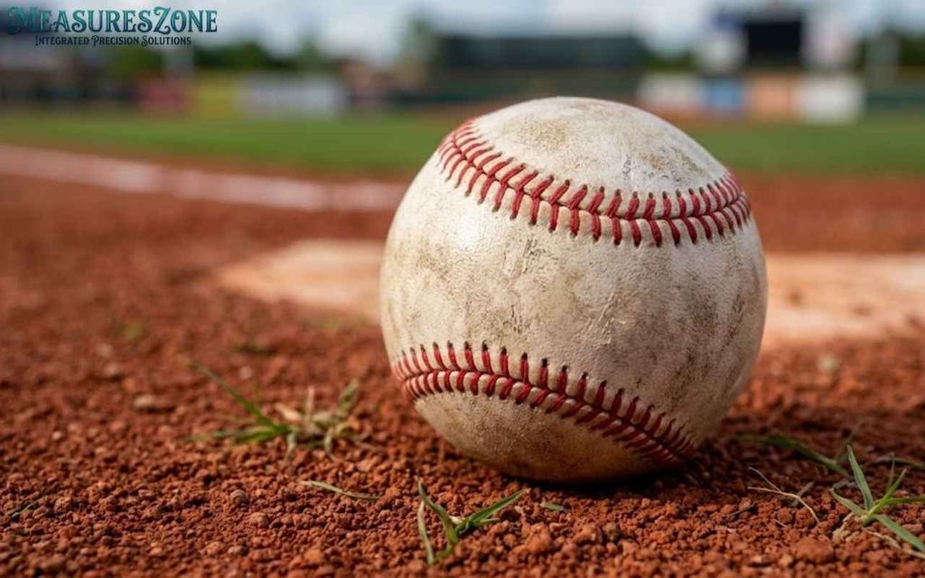 A scuffed baseball rests on the red clay and white baseline of a baseball field.