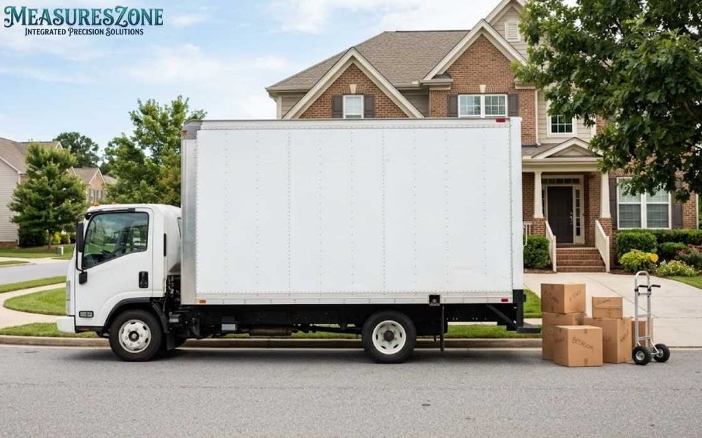 20-foot moving truck parked outside a brick house.