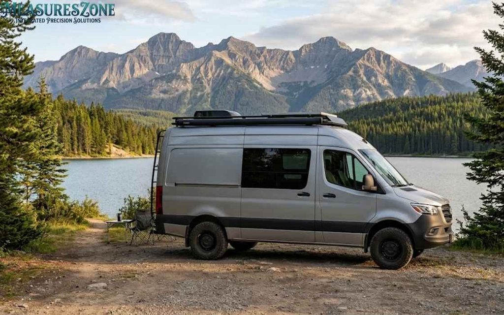 Silver 4x4 camper van parked near a mountain lake with rugged peaks.