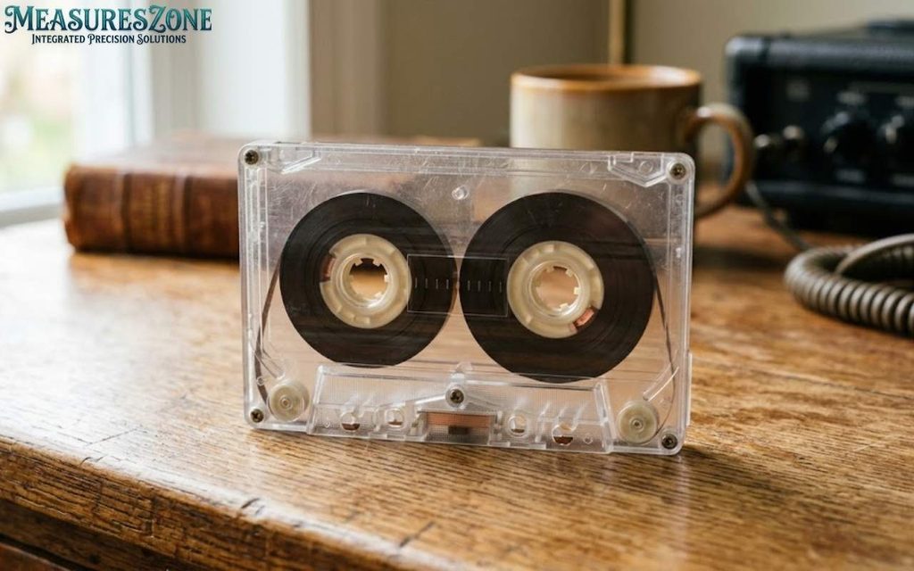 Clear vintage cassette tape standing upright on a rustic wooden desk.