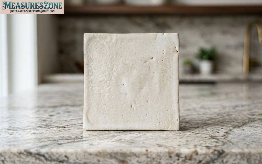 4-inch off-white ceramic tile standing on a granite kitchen countertop.