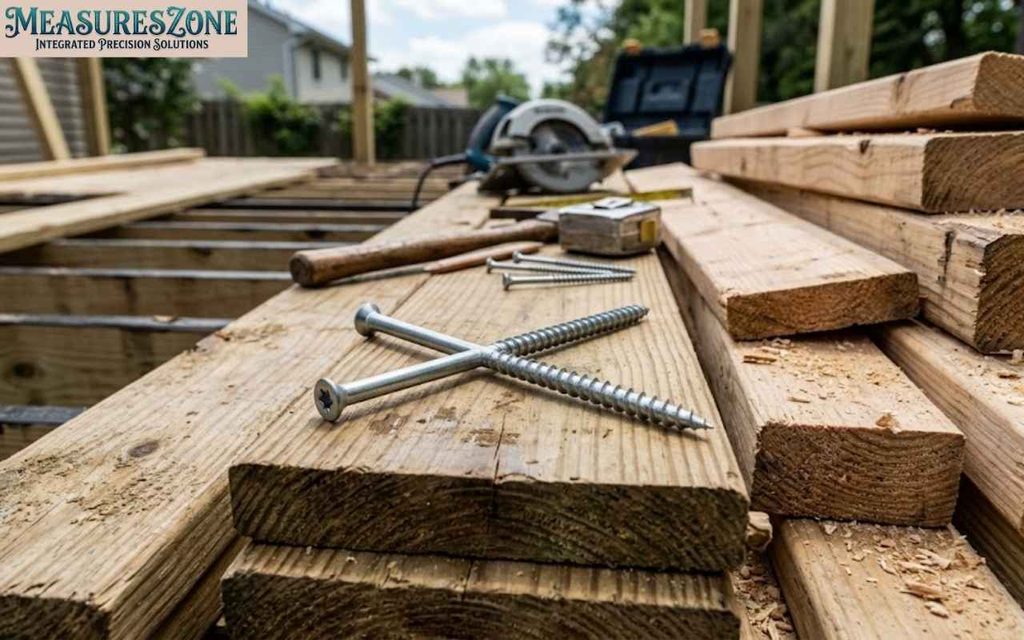 Crossed metal deck screws on a wooden plank with tools and lumber.