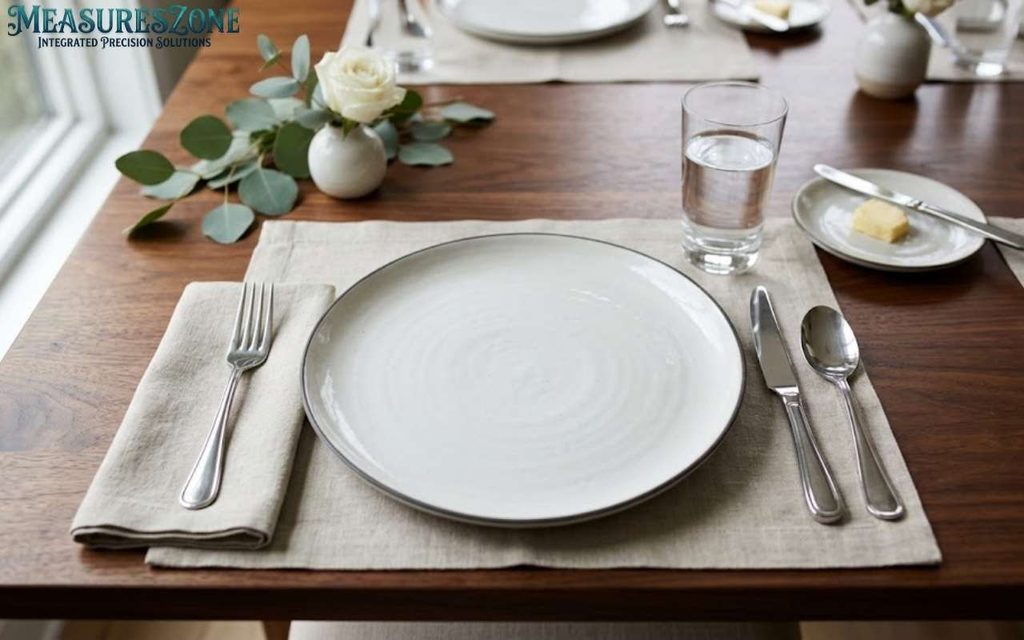 Off-white dinner plate measuring 11 inches on a linen placemat.