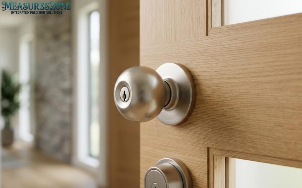 Brushed stainless steel doorknob on a wooden door overlooking a modern stone-walled hallway.