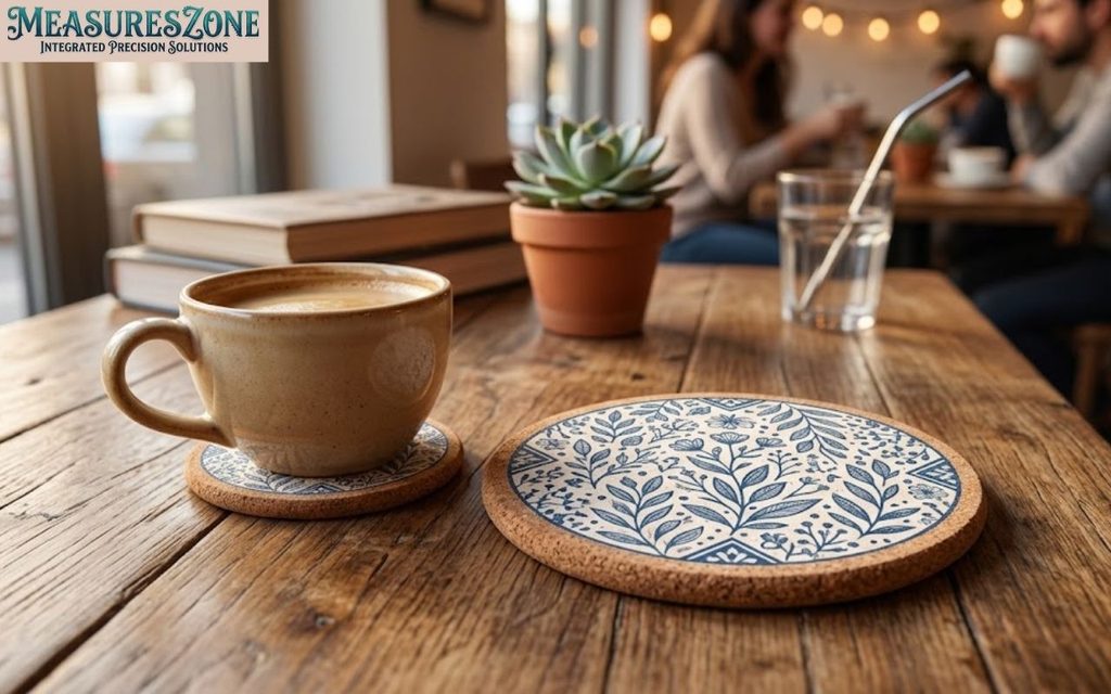 Brown mug and floral cork coaster on a rustic wooden table.