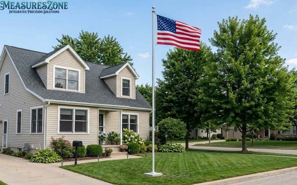 Single-story beige house with grey roof and an American flag flying on a pole in the green front yard.