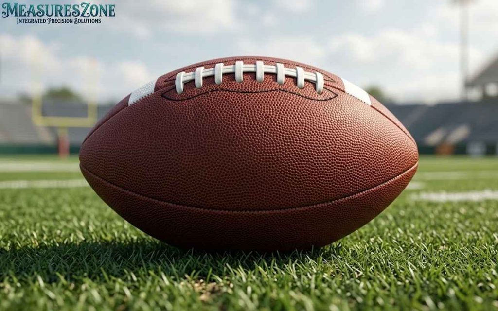American football on green grass with a blurred stadium background.
