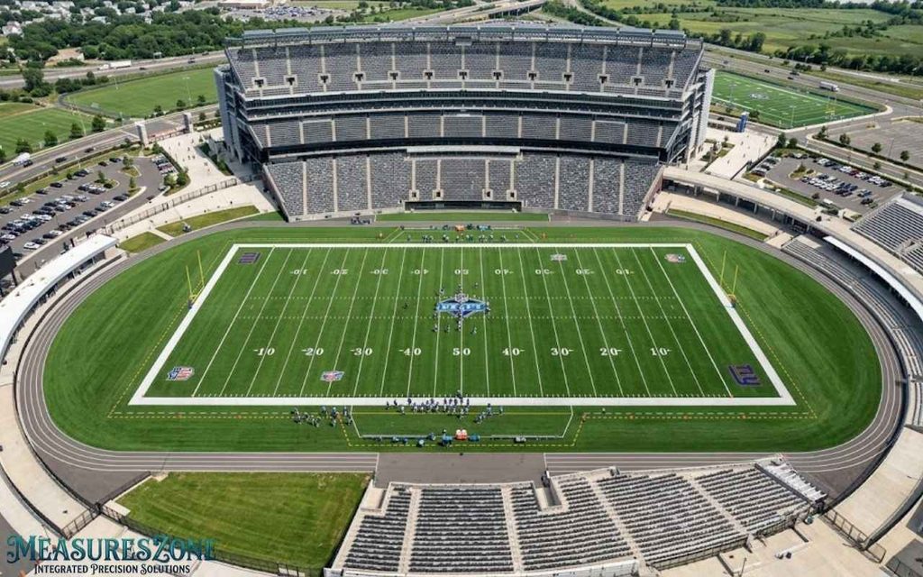Aerial view of a green American football field, track, and stadium seating on a sunny day.