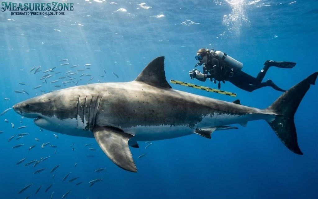 A Great White Shark and a scuba diver holding a measuring ruler underwater.