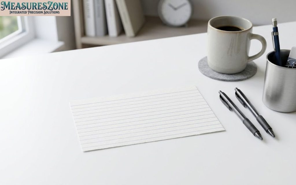 A white lined index card, two pens, and a mug of coffee on a desk.