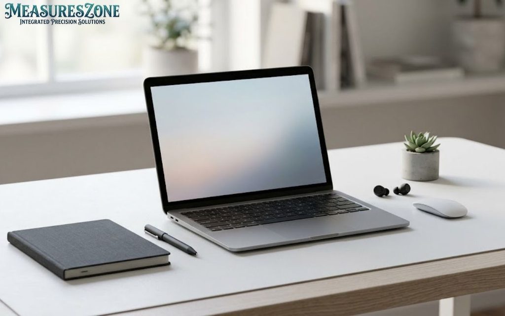 Silver laptop with accessories, showing an 11 inches measurement.