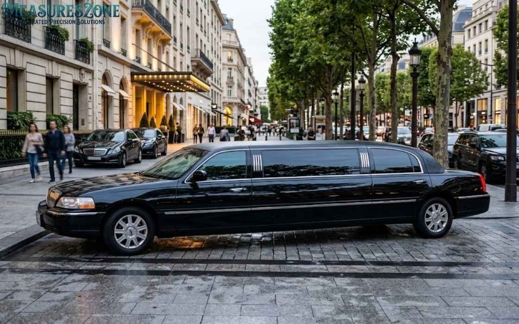 20-foot stretch limousine parked on a wet street.