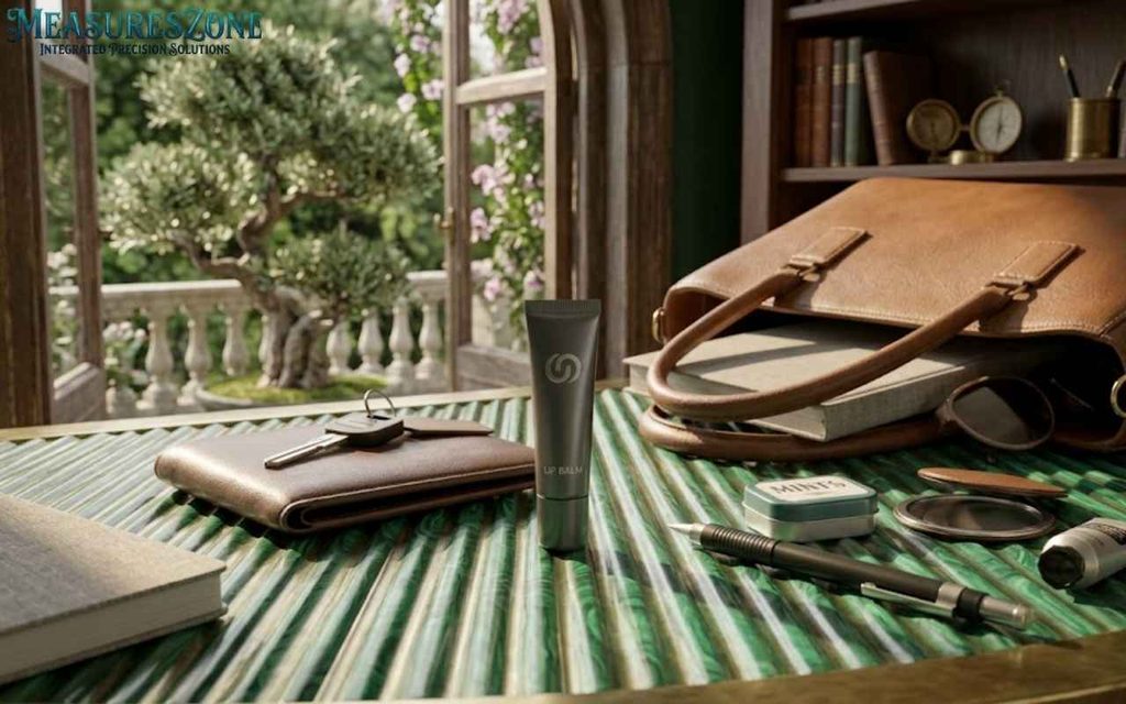 Grey lip balm tube, leather wallet, keys, and personal items arranged on a malachite surface.