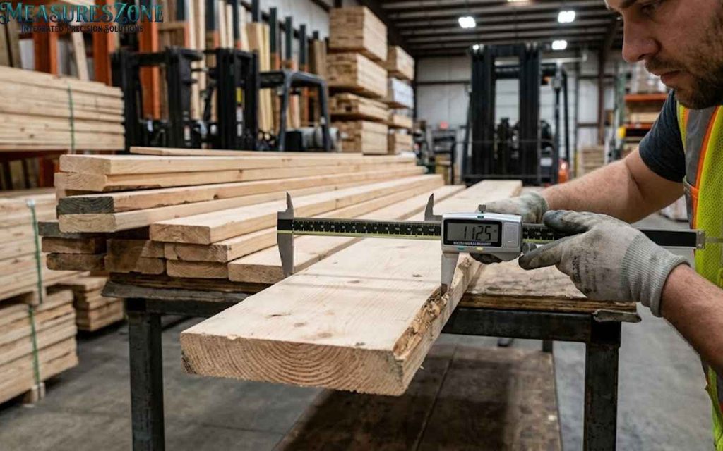 A worker in a warehouse uses digital calipers to measure a plank of raw wood.