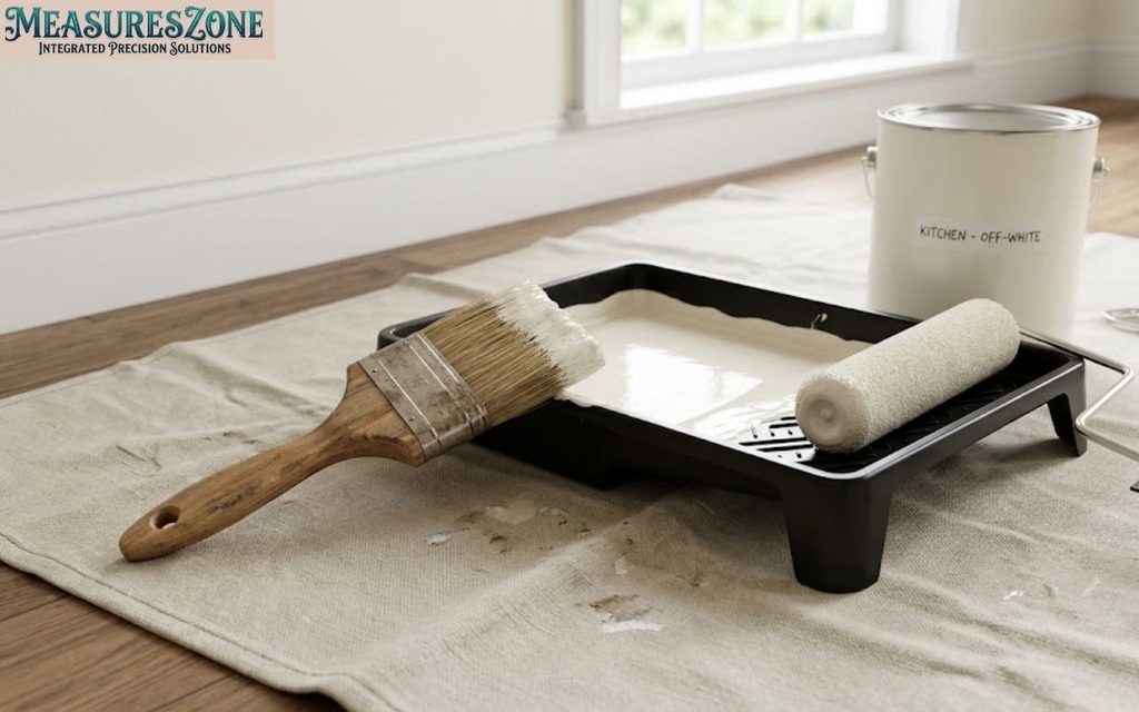 Wooden paintbrush and roller on a black paint tray beside an open paint can.