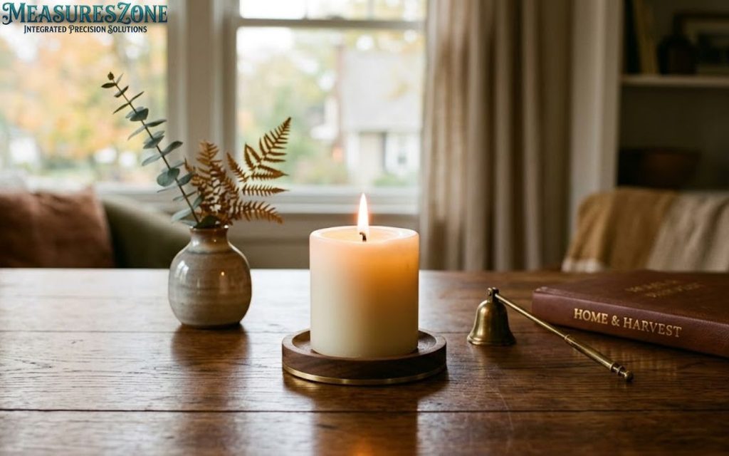 Pillar candle measuring 4 inches tall in a warm, window-lit room with decorative plants and a book.