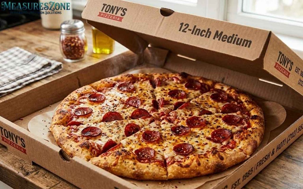 A hot pepperoni pizza inside an open cardboard delivery box labeled "12-Inch Medium".