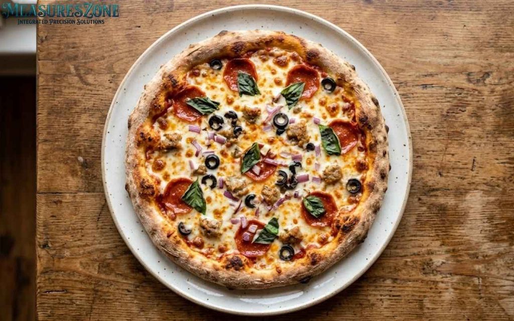 Top-down view of a freshly baked round pizza served on a ceramic plate over a rustic wooden surface.