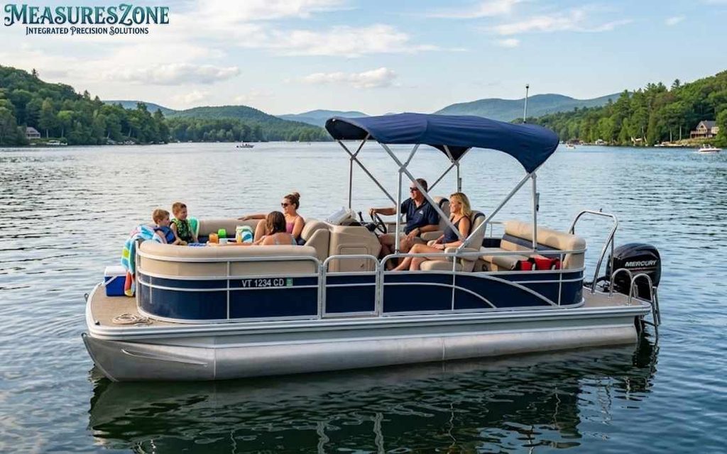 Family enjoying a pontoon boat ride on a mountain lake.