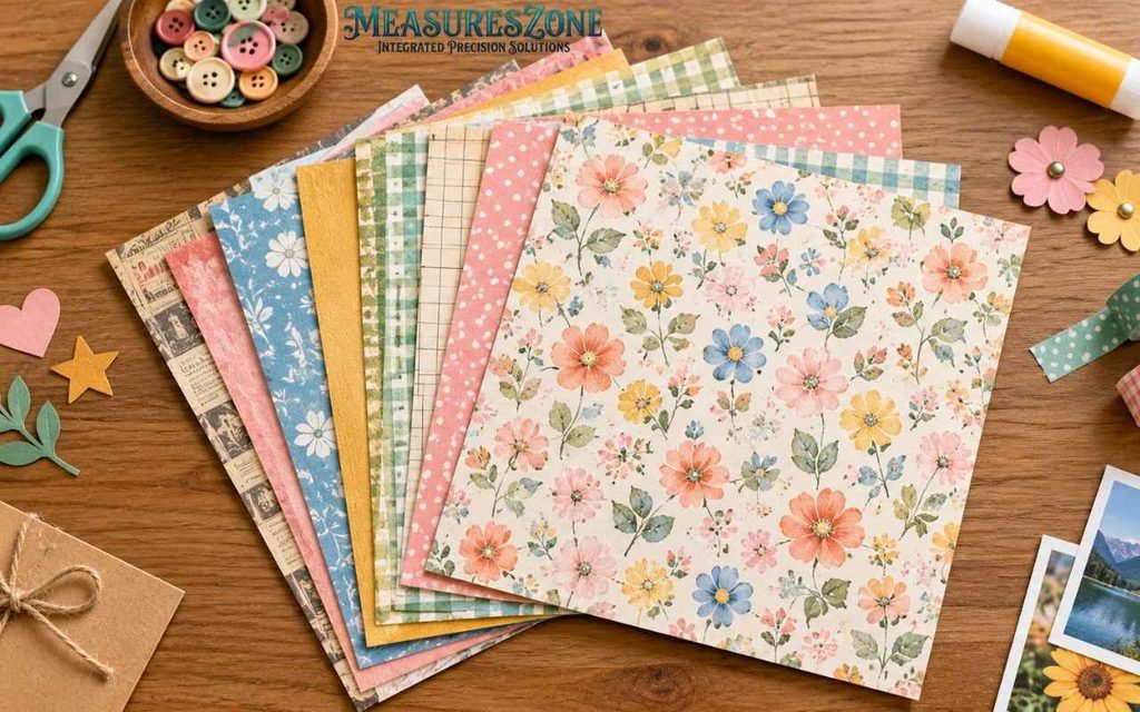12 by 12 scrapbook paper with colorful floral patterns and craft supplies.