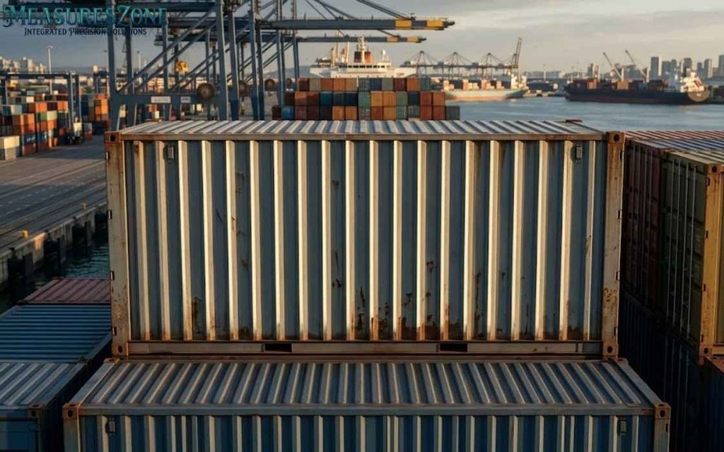 20-foot shipping container at a busy port.