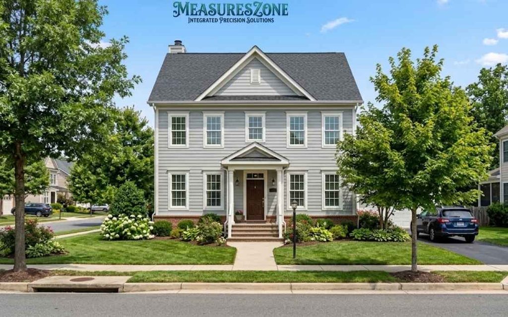 A grey two-story house with a landscaped lawn and a blue car on the right.