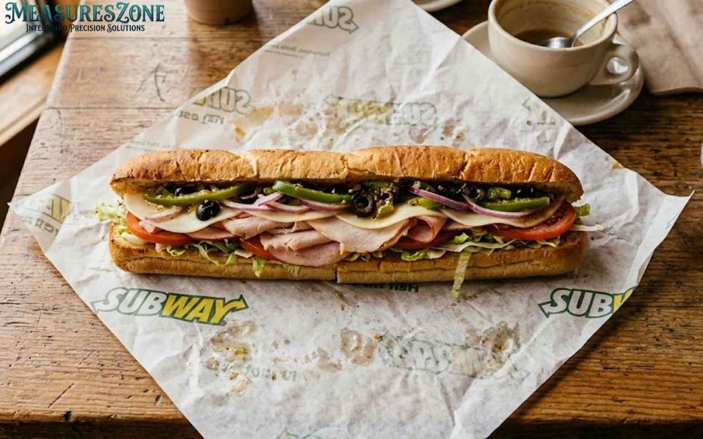 A loaded Subway footlong sandwich on a wooden table.