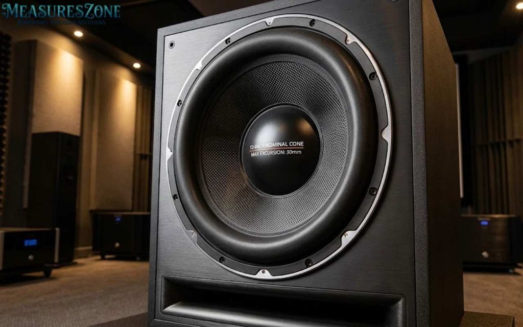 12-inch subwoofer driver in a dark acoustic enclosure.