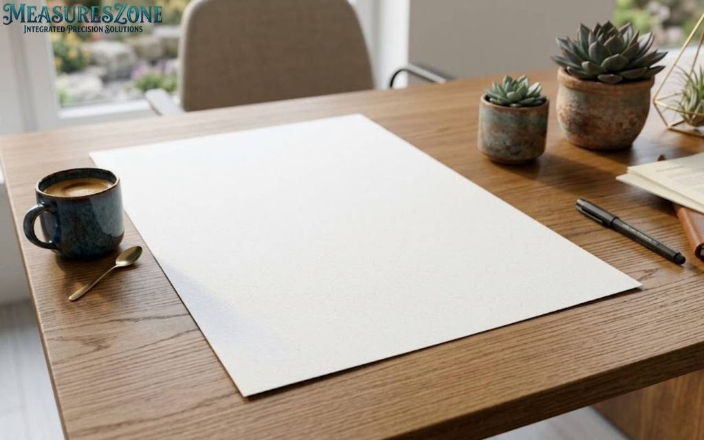 Tabloid white paper on a wooden desk with a mug, succulents, and stationery.