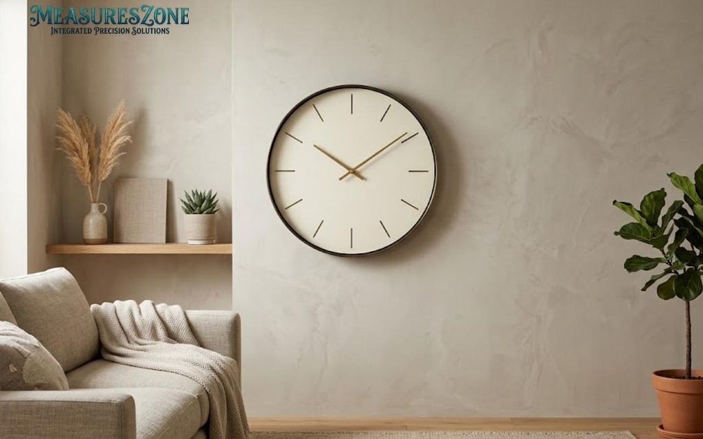 A minimalist, round wall clock mounted above a sofa in a modern, neutral-toned living room.