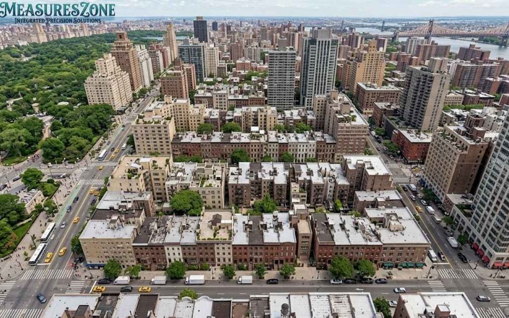 Elevated view of New York City buildings, a park, and distant bridge.