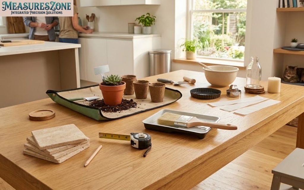 Gardening pots, tiles, paint tray, baking tools, and household items on a wooden table.