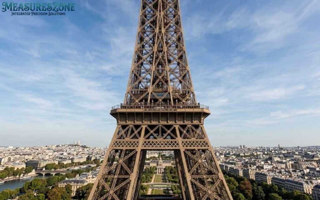 Upward view of the Eiffel Tower’s iron latticework above the Paris skyline and Seine River.