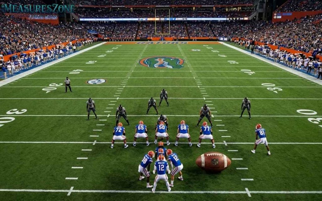 Elevated view of a Florida Gators football game in a packed stadium.