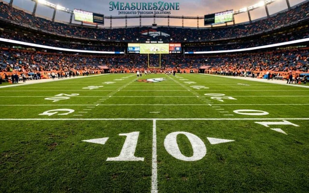 Field-level view at twilight, with yard markers, spectators, and a sunset sky.