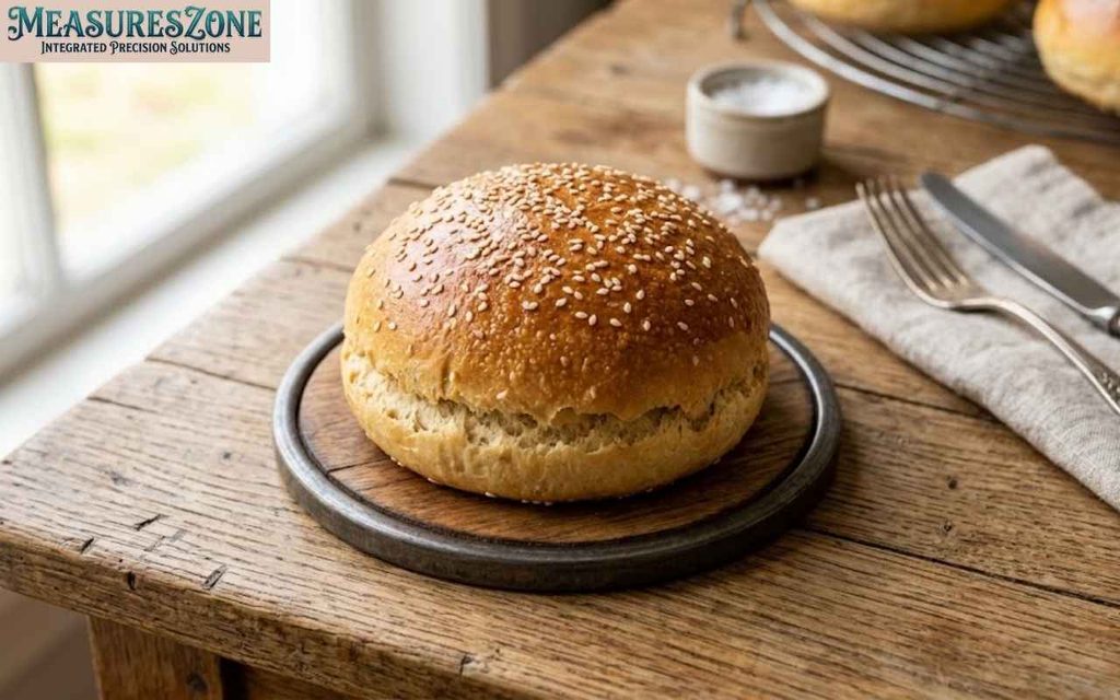 4-inch sesame seed hamburger bun on a small wooden platter.