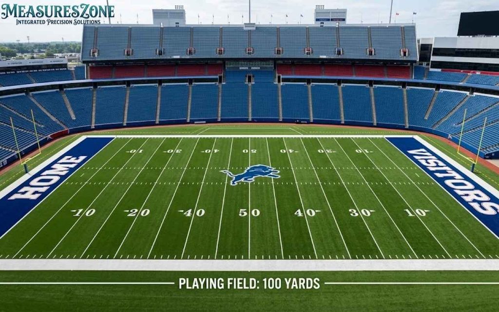 Aerial stadium view with green turf and a 100-yard field overlay.