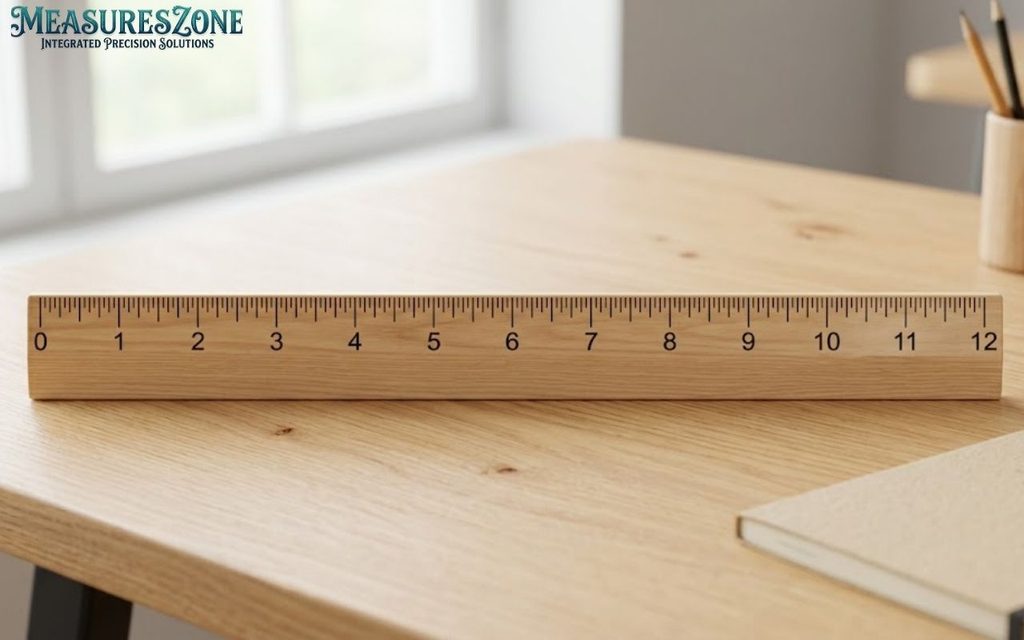 12-inch ruler on a wooden desk with notebook and pencil holder.