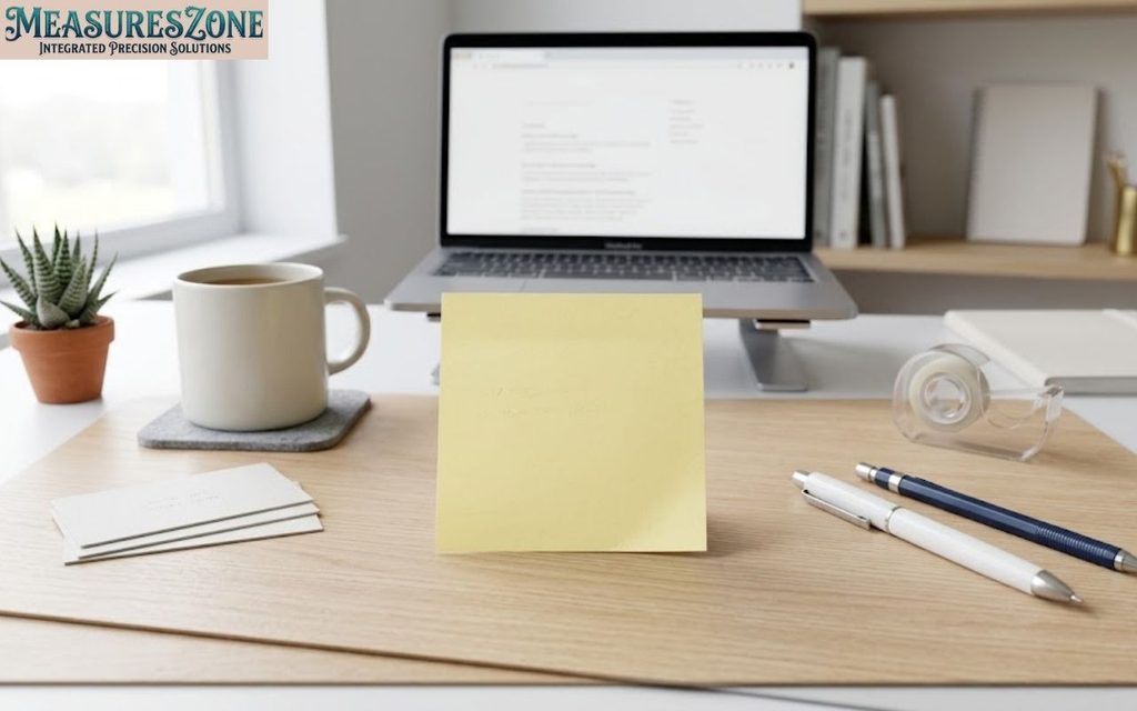 4-inch yellow sticky note on a desk with pens, cards, coffee mug, and laptop.