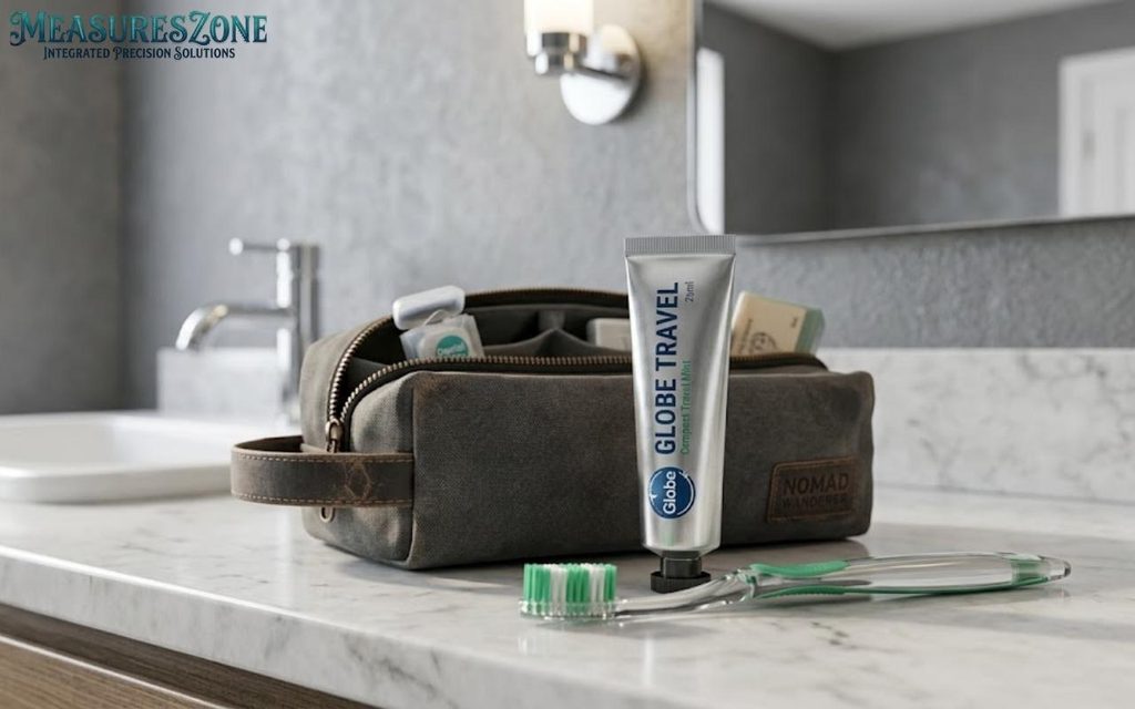 Silver toothpaste tube, green toothbrush, and open toiletry bag on a marble bathroom counter.