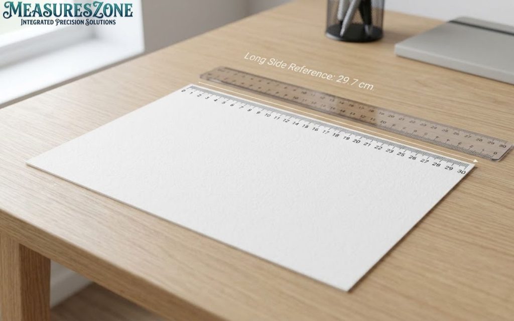 Textured white paper stack on a wooden desk being measured by a transparent ruler
