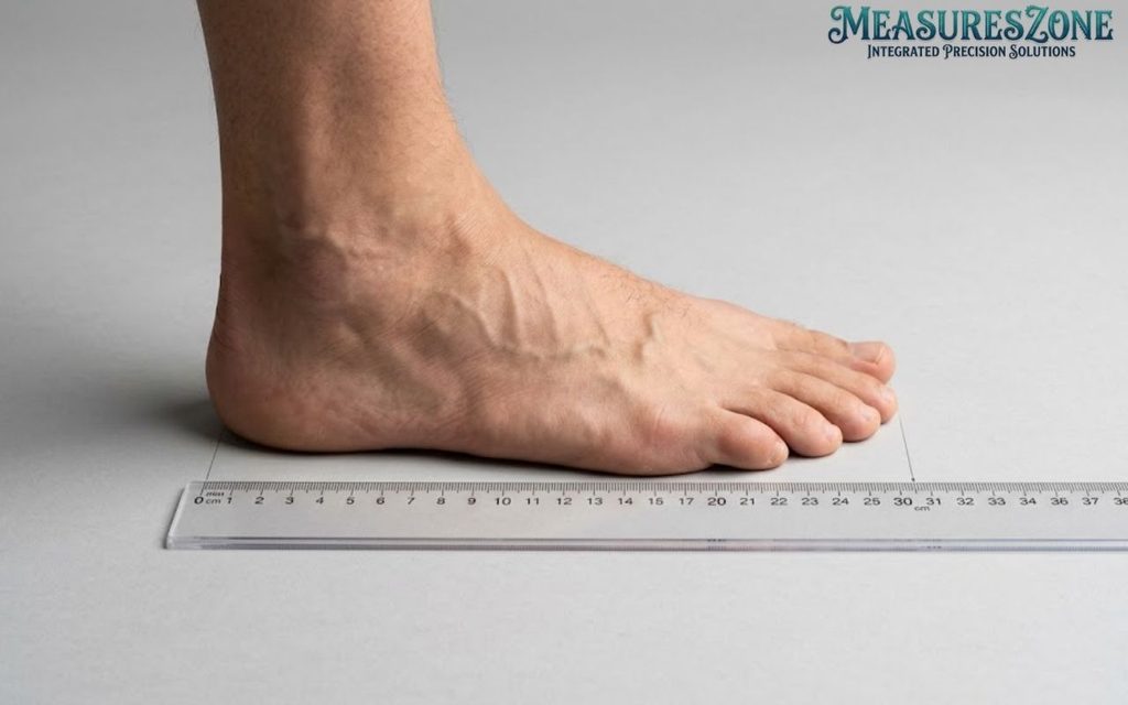 human foot in side profile measured against a transparent ruler showing about 30 cm.