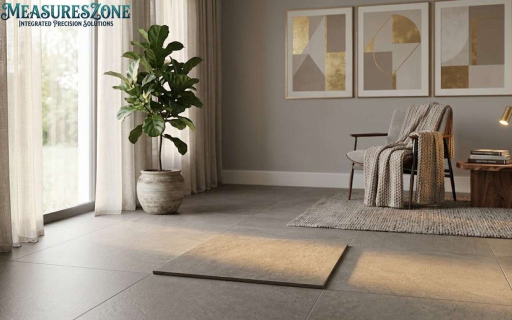 Gray floor tile with a fiddle-leaf fig, armchair, lamp, books, and wall art, showing 30 cm.
