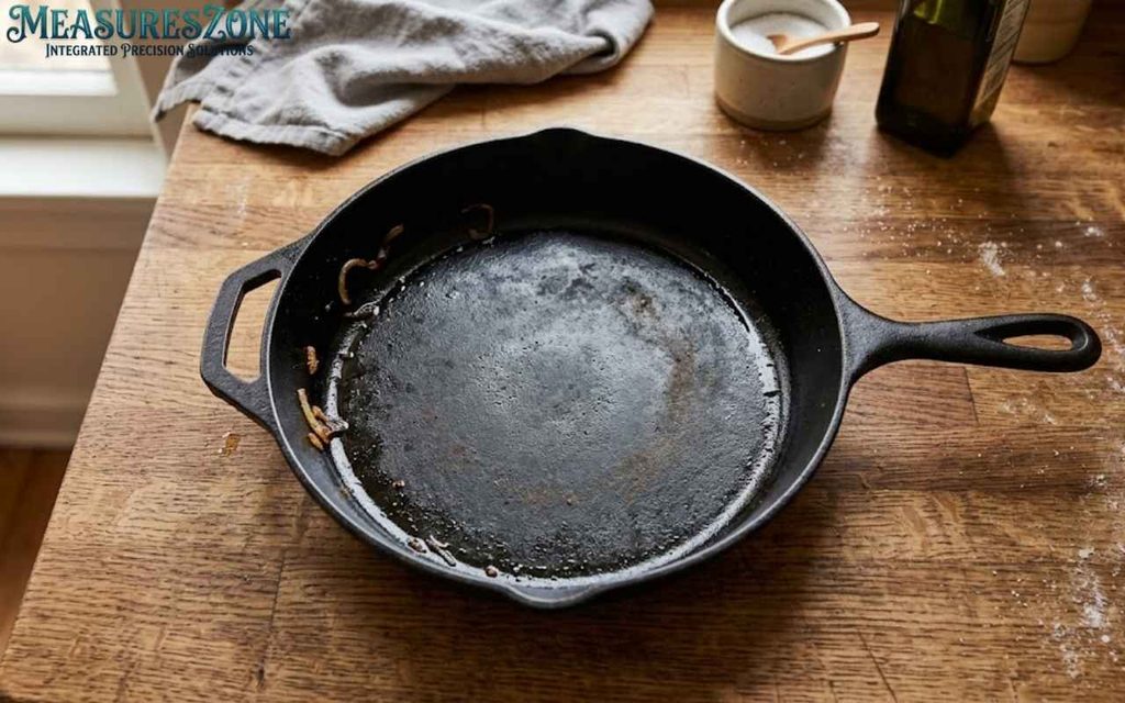 Cast iron skillet with fried onions, wooden butcher block, salt pot, and oil bottle.