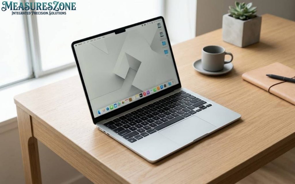 Open laptop, coffee cup, notebook, pen, and succulent on a wooden desk.