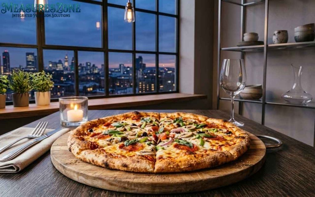 Multi-topping pizza on a wooden board with cutlery, glassware, and a twilight city view.