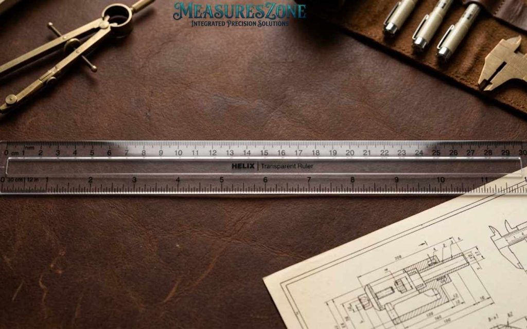 Transparent HELIX 30cm/12in ruler on a leather mat with technical tools and a schematic.