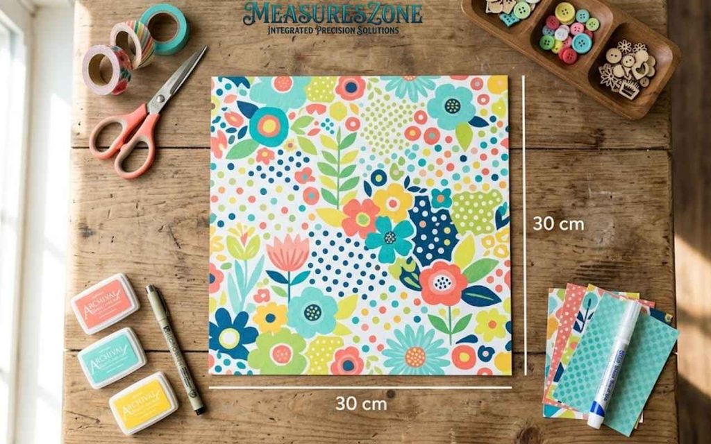 30 cm × 30 cm floral craft paper with labels, scissors, washi tape, buttons, and craft supplies.