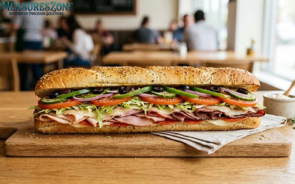 Large submarine sandwich with meats, cheese, and fresh vegetables on a wooden cutting board.