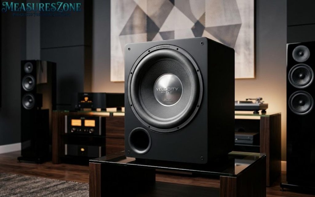 A main Velocity Audio Reference central subwoofer with prominent silver cone and branding.